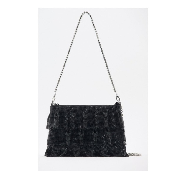 New Zara Black Ruffle Mesh Crossbody Bay With Rhinestone Strap Decor - Picture 4 of 9